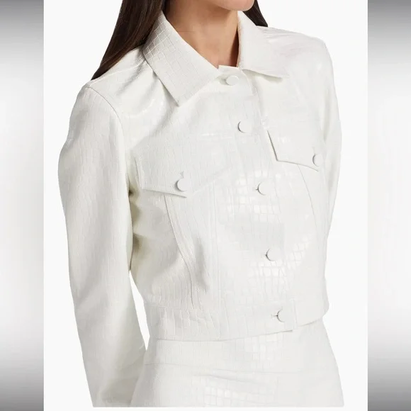 Alice + Olivia Chloe White Croc-Effect Faux Leather Crop Jacket Size XL NWT - Picture 3 of 16